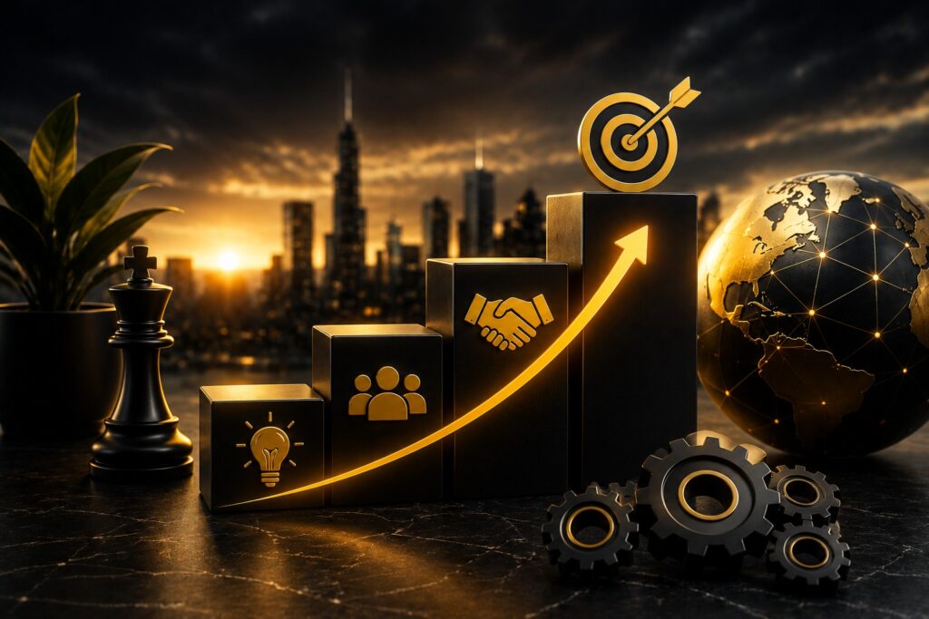 Business growth strategy illustration featuring rising performance bars, target icon, partnership, innovation, teamwork, global expansion, and automation symbols representing strategic business growth and digital transformation.
