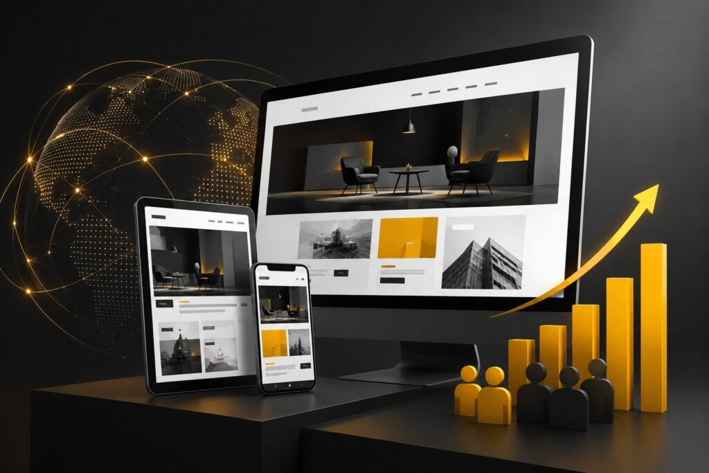 Responsive website design displayed across desktop, tablet, and mobile devices, showcasing modern web development, UI/UX design, mobile optimization, global connectivity, user engagement, and business growth through AI-powered digital solutions. | Ace360 Degree