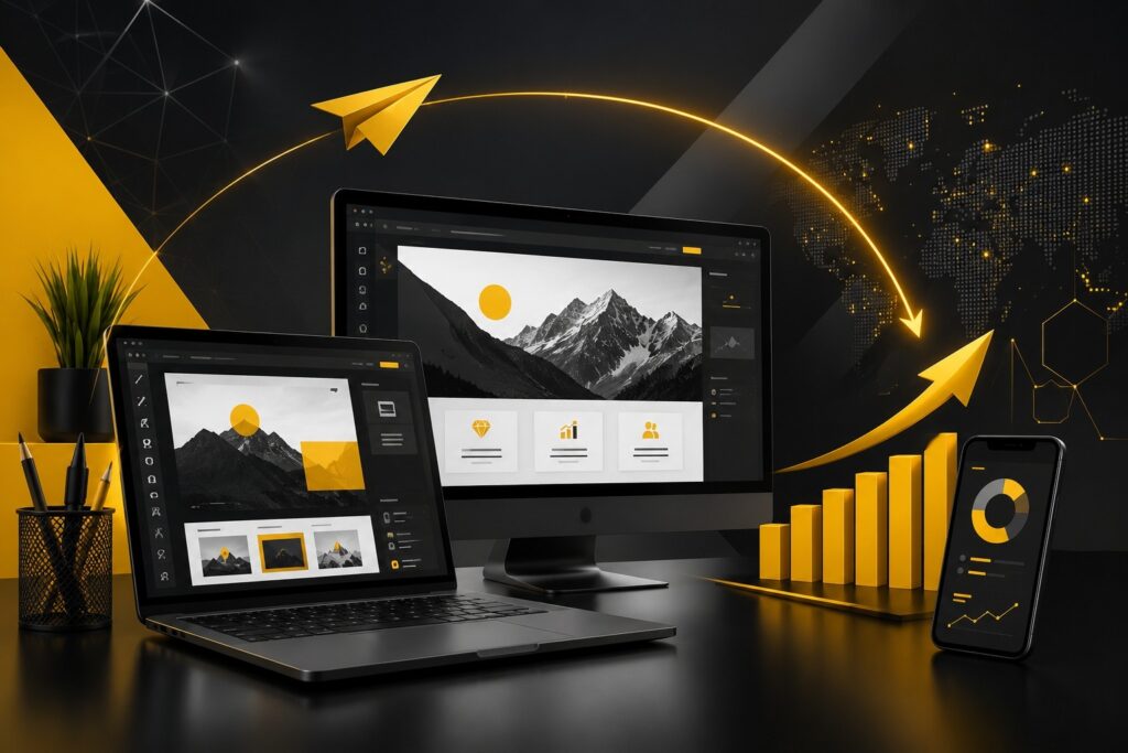Responsive website design showcased across desktop, laptop, and mobile devices featuring modern UI/UX, AI-powered web development, SEO optimization, cross-device compatibility, global connectivity, performance analytics, and business growth visualization. | Ace360 Degree