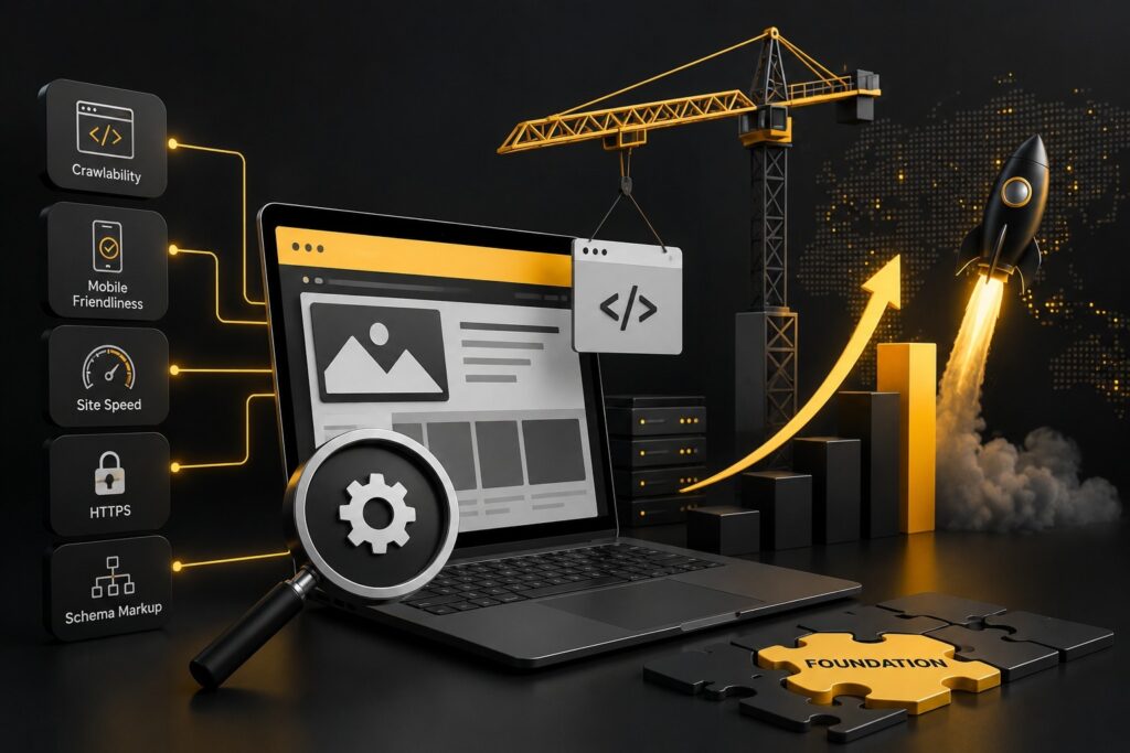 Technical SEO optimization dashboard showcasing website crawlability, mobile friendliness, site speed, HTTPS security, schema markup, website development, performance optimization, search engine indexing, and scalable business growth strategies. | Ace360 Degree