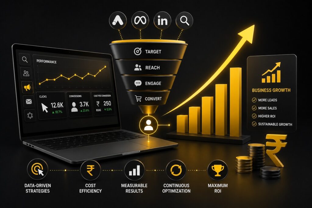 AI-powered performance marketing funnel showcasing Google Ads, Meta Ads, LinkedIn Ads, search advertising, lead generation, audience targeting, conversion optimization, campaign analytics, ROI tracking, and scalable business growth strategies. | Ace360 Degree