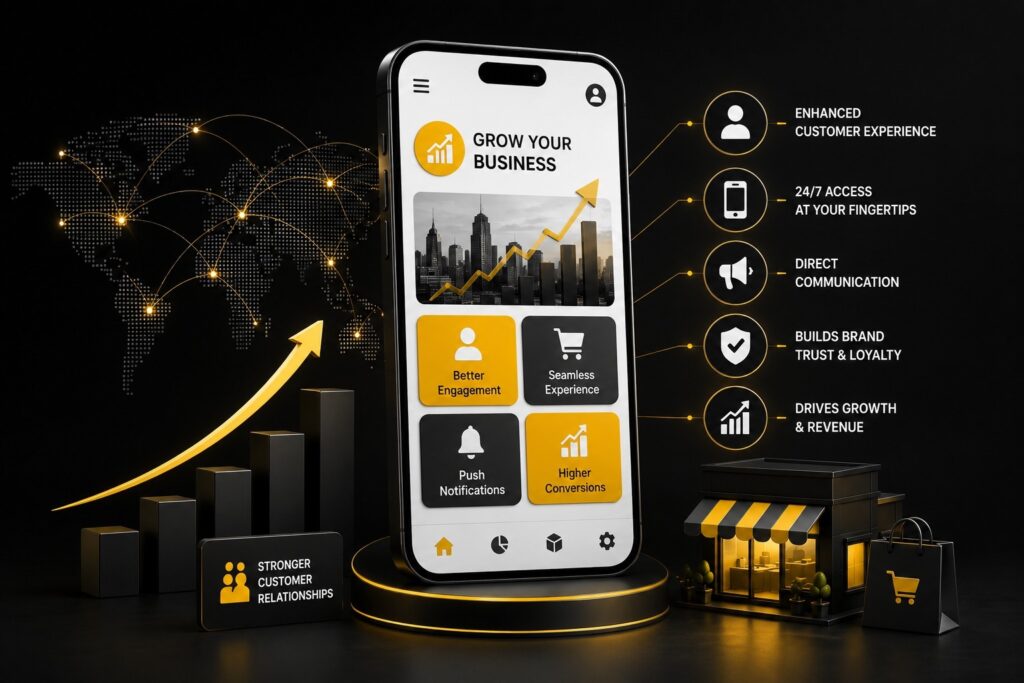 Mobile app development solution showcasing business growth, customer engagement, push notifications, seamless user experience, higher conversions, Android and iOS app development, brand loyalty, and AI-powered mobile applications for scalable digital success. | Ace360 Degree