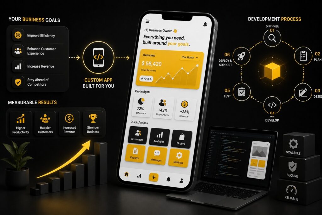 Custom mobile app development dashboard showcasing business management, analytics, customer engagement, revenue tracking, custom app development process, UI/UX design, app testing, deployment, scalable architecture, secure mobile solutions, and business growth. | Ace360 Degree