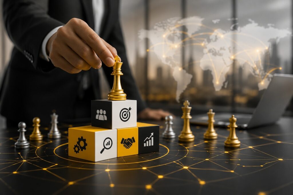 Business strategy and digital transformation concept featuring strategic planning, AI-powered consulting, performance marketing, business growth, audience targeting, process optimization, partnership management, analytics, and global business expansion. | Ace360 Degree