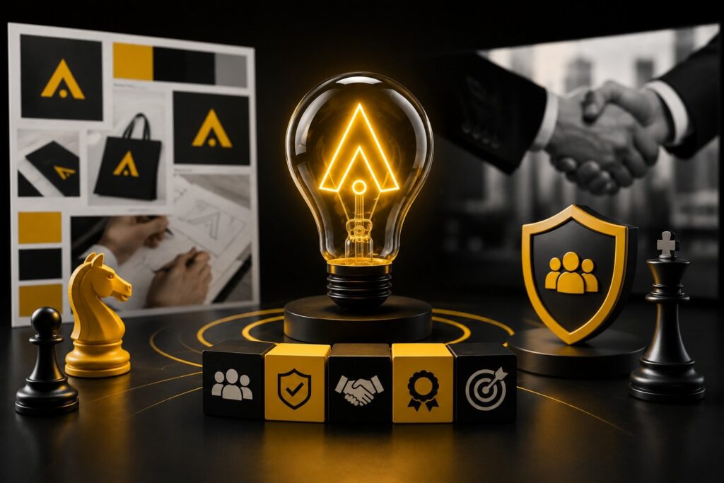Creative branding and brand identity strategy showcasing logo design, brand development, visual identity, business strategy, trust, partnership, and corporate branding solutions for business growth. | Ace360 Degree