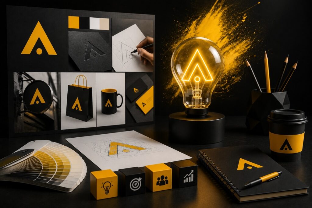 Professional brand identity design featuring logo creation, color palette, brand guidelines, packaging design, stationery, merchandise, and visual branding assets for a strong business identity. | Ace360 Degree