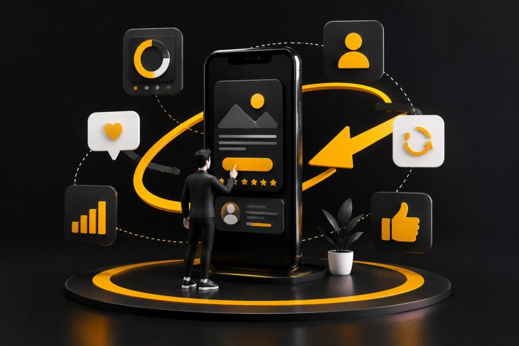 Mobile app UI/UX design and user experience optimization illustrating user engagement, app interface design, analytics, customer interaction, performance tracking, and conversion-focused digital product development. | Ace360 Degree