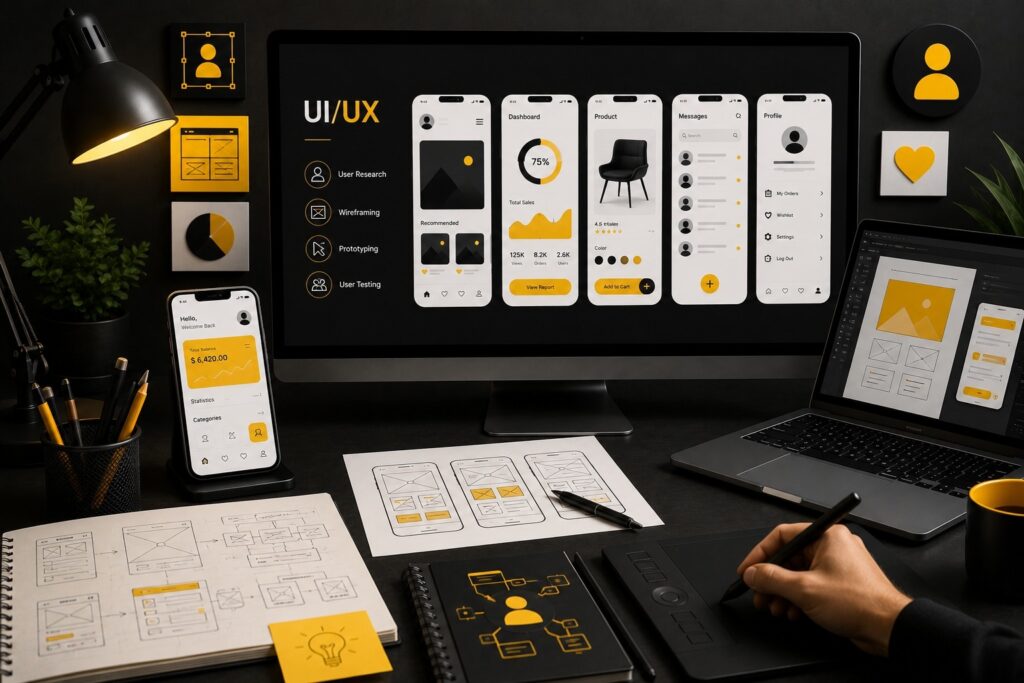 Professional UI/UX design process featuring mobile app interface design, wireframing, prototyping, user research, user testing, responsive UI development, and digital product design for web and mobile applications. | Ace360 Degree