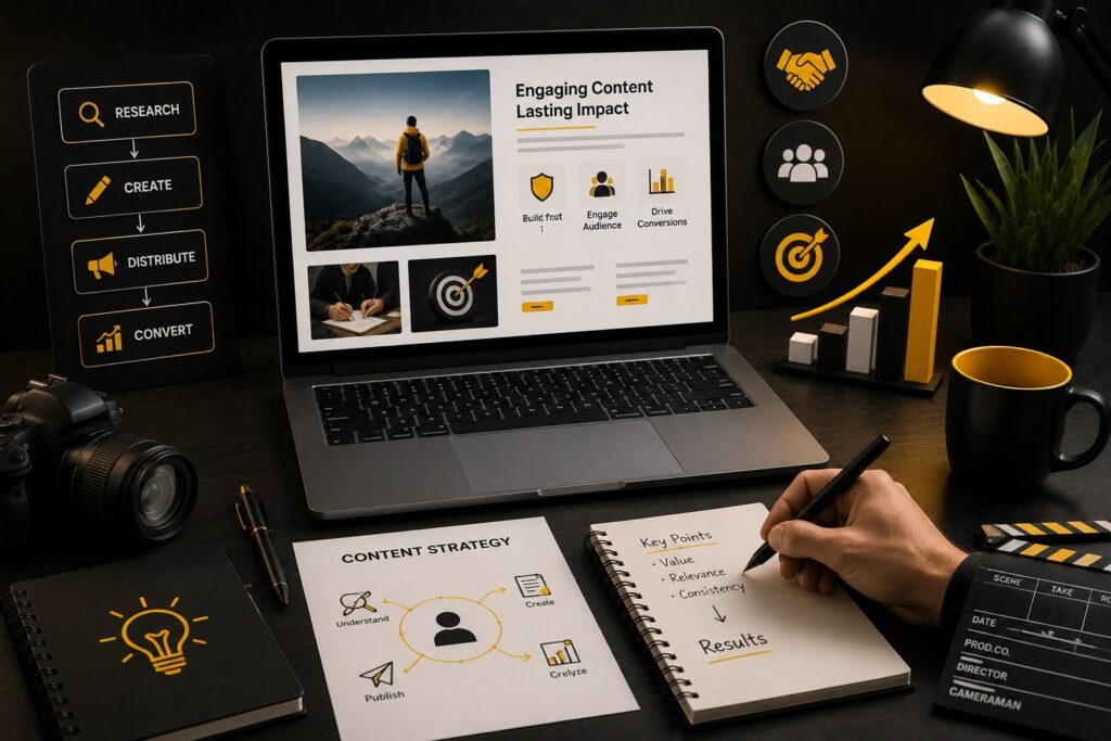 Content marketing strategy illustrating content research, creation, distribution, and conversion with SEO content writing, audience engagement, digital storytelling, performance analytics, and brand growth. | Ace360 Degree