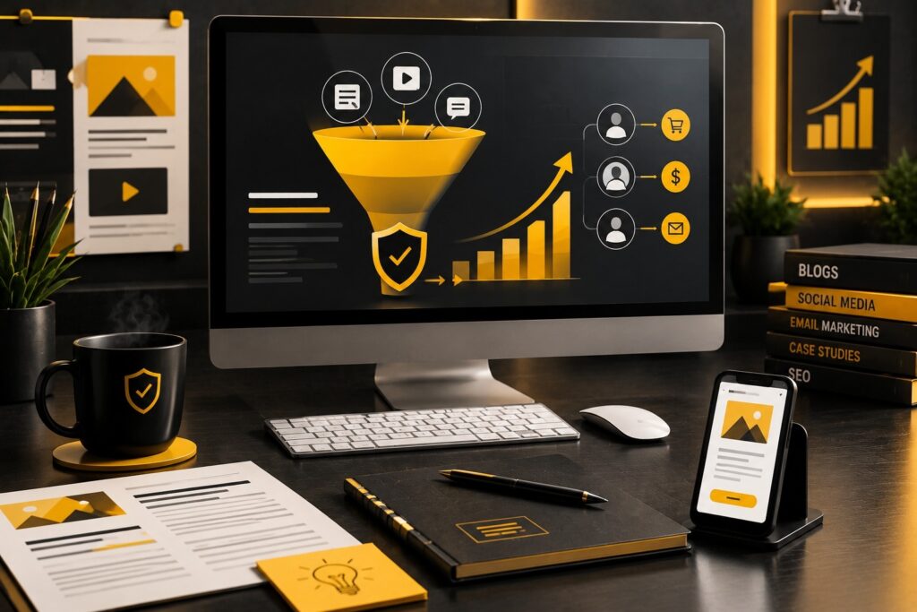 Content marketing strategy and digital content creation showcasing SEO content, blogs, social media marketing, email marketing, lead generation funnel, conversion optimization, and business growth solutions. | Ace360 Degree