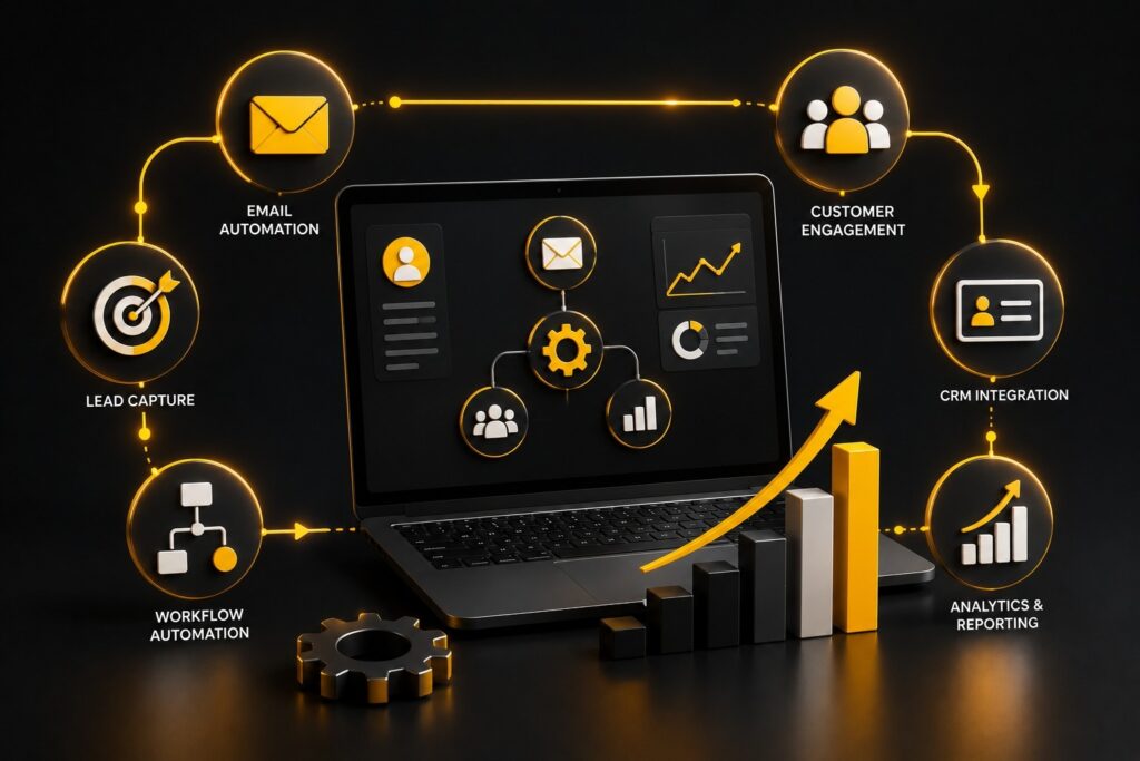 Marketing automation platform showcasing lead capture, email automation, workflow automation, CRM integration, customer engagement, analytics, reporting, and business growth through automated digital marketing solutions. | Ace360 Degree