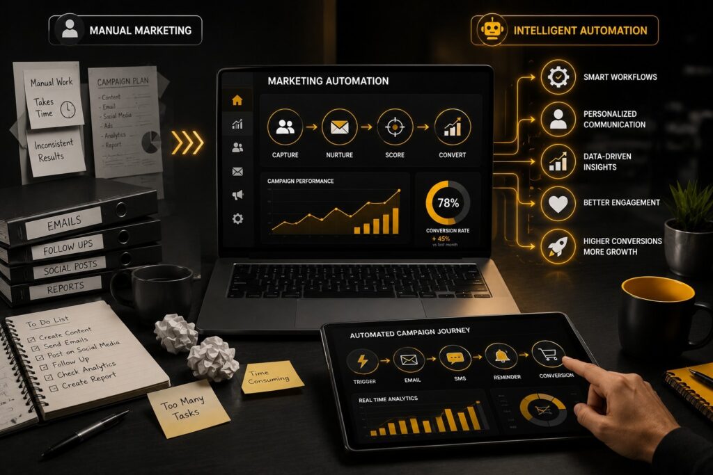 Marketing automation dashboard comparing manual marketing with intelligent automation, featuring lead nurturing, email automation, campaign management, workflow automation, analytics, conversion tracking, and AI-powered customer engagement. | Ace360 Degree