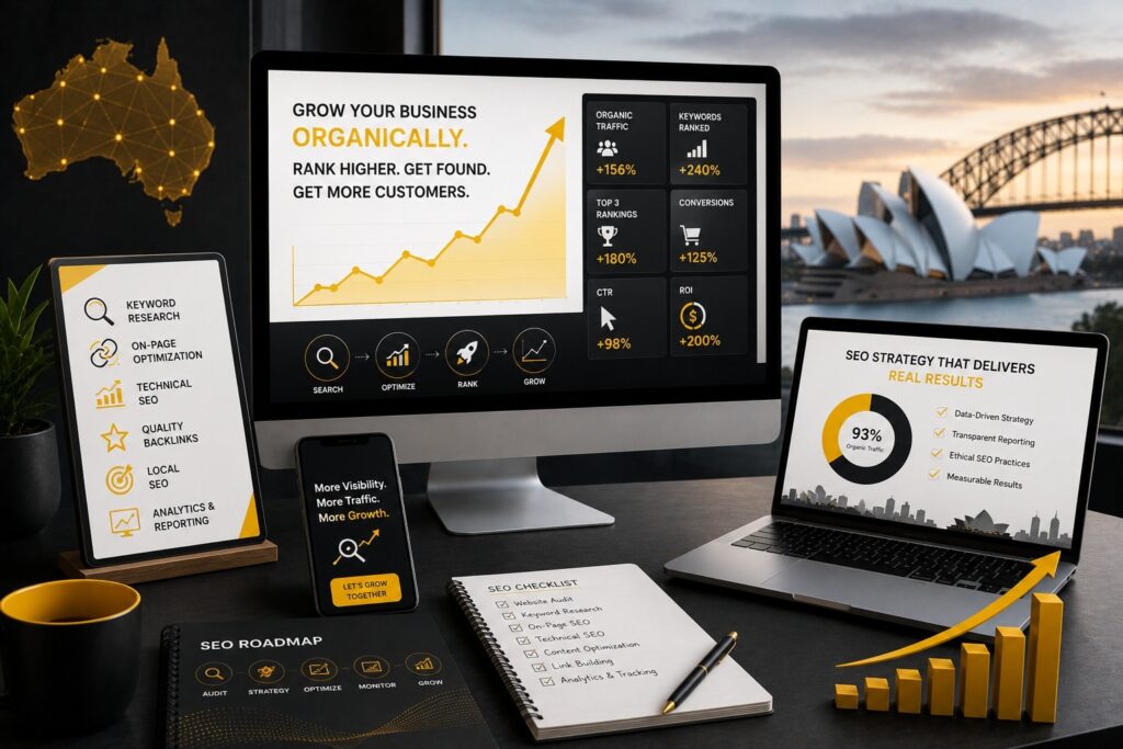 Professional SEO services in Australia showcasing keyword research, on-page SEO, technical SEO, quality backlink building, local SEO, analytics, reporting, and organic search strategies that increase website traffic, rankings, and business growth. | Ace360 Degree
