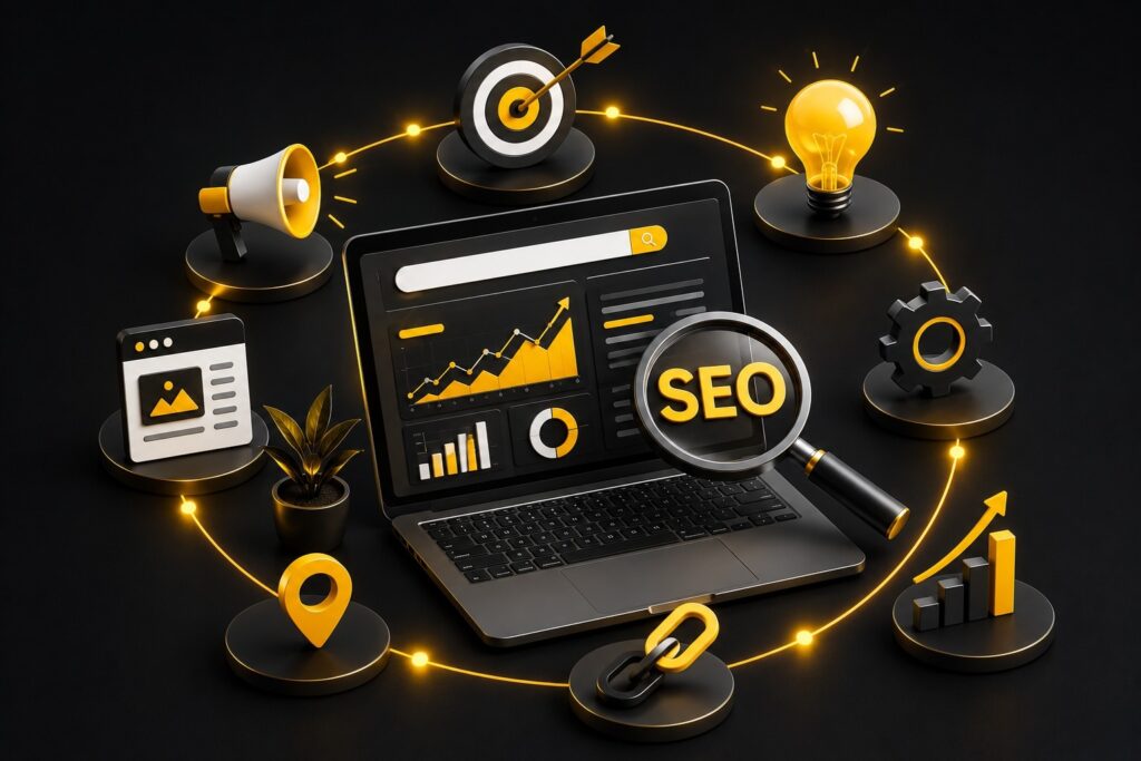 Professional SEO services showcasing keyword research, technical SEO, on-page optimization, local SEO, link building, website analytics, search engine rankings, and organic traffic growth strategies for business success. | Ace360 Degree