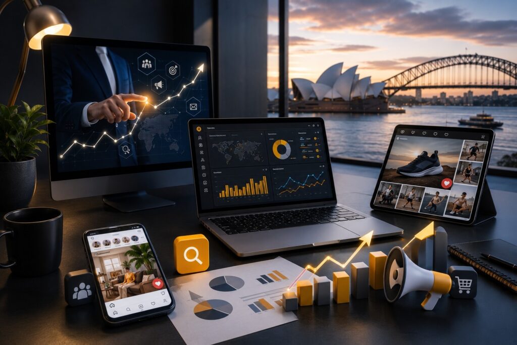Performance marketing and digital advertising services showcasing Google Ads, Meta Ads, social media marketing, analytics dashboards, eCommerce marketing, audience targeting, campaign optimization, conversion tracking, and data-driven strategies for business growth. | Ace360 Degree
