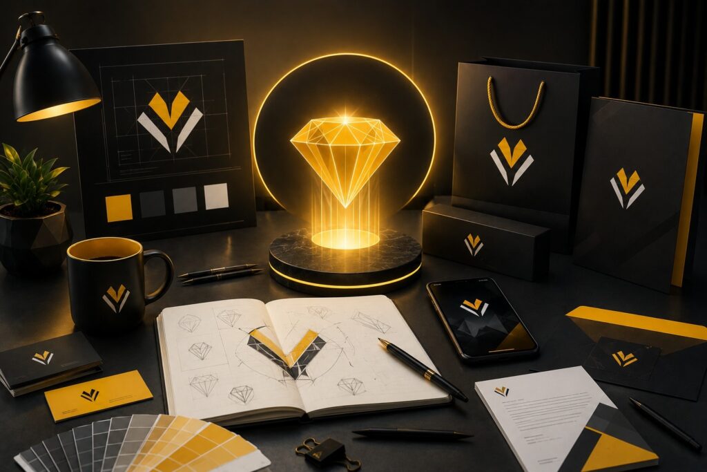 Luxury branding and logo design services featuring premium brand identity, custom logo creation, packaging design, business stationery, brand guidelines, visual identity, and corporate branding solutions for premium businesses. | Ace360 Degree