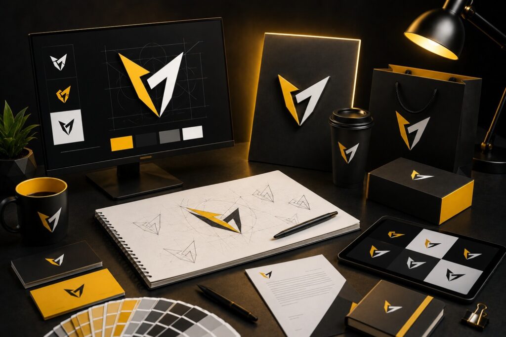 Professional branding and logo design services showcasing custom logo creation, brand identity design, logo variations, packaging design, stationery, business cards, merchandise branding, and visual identity development for modern businesses. | Ace360 Degree