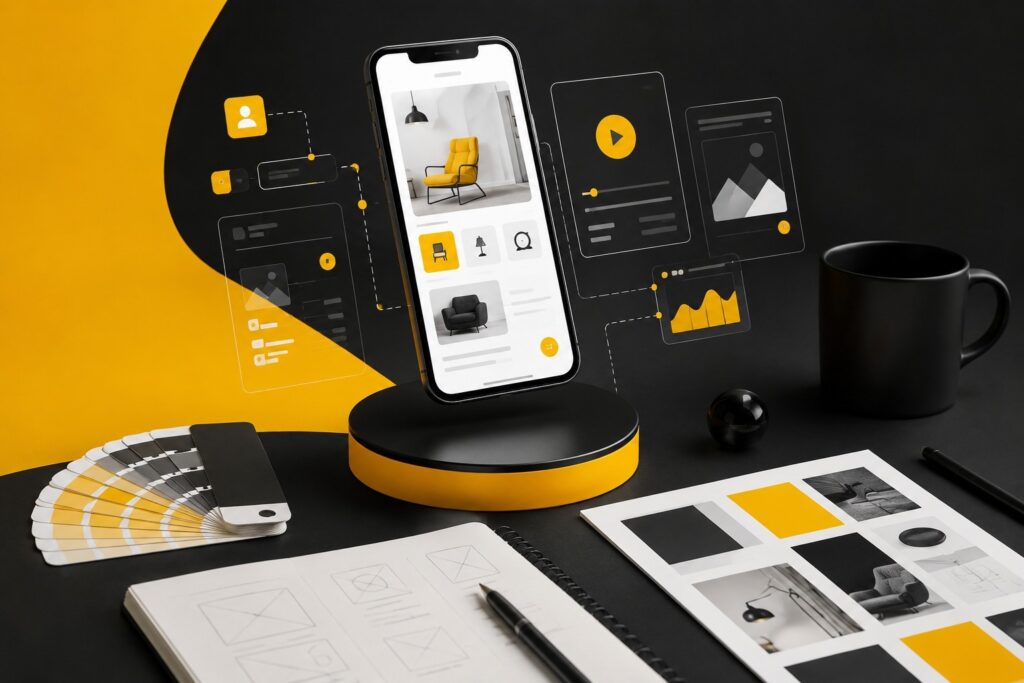 Modern mobile app UI/UX design showcasing a smartphone interface with interactive user experience elements, wireframes, color palette, design system, and responsive mobile application prototype for digital product development | Ace360 Degree