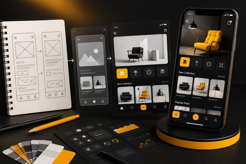 UI/UX design process showcasing mobile app wireframes, interactive prototypes, user interface screens, design system components, and responsive eCommerce app development from sketch to final mobile application design | Ace360 Degree