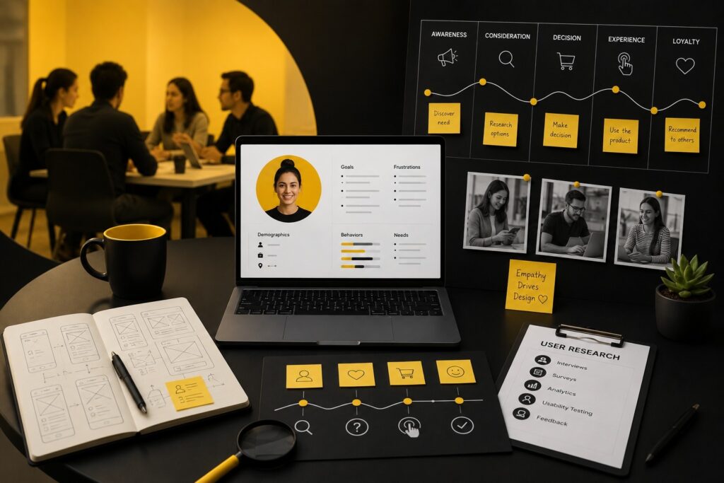 UI/UX user research and customer journey mapping workspace featuring user personas, usability testing, wireframes, customer experience strategy, user behavior analysis, and design thinking process for creating intuitive digital products | Ace360 Degree