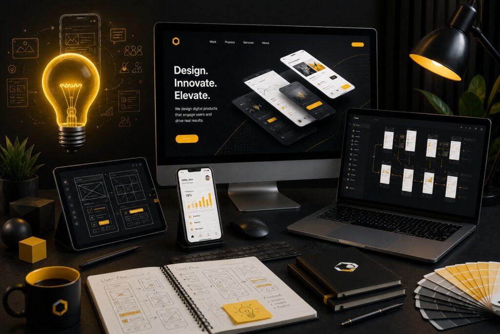 Creative UI/UX design studio showcasing responsive website design, mobile app interfaces, wireframes, user flow mapping, interactive prototypes, design systems, and digital product development for modern businesses | Ace360 Degree